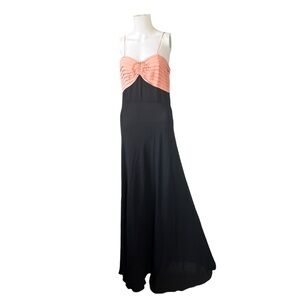 Vintage 50s 60s Sleeveless Maxi Dress Black Peach Pleated Bust